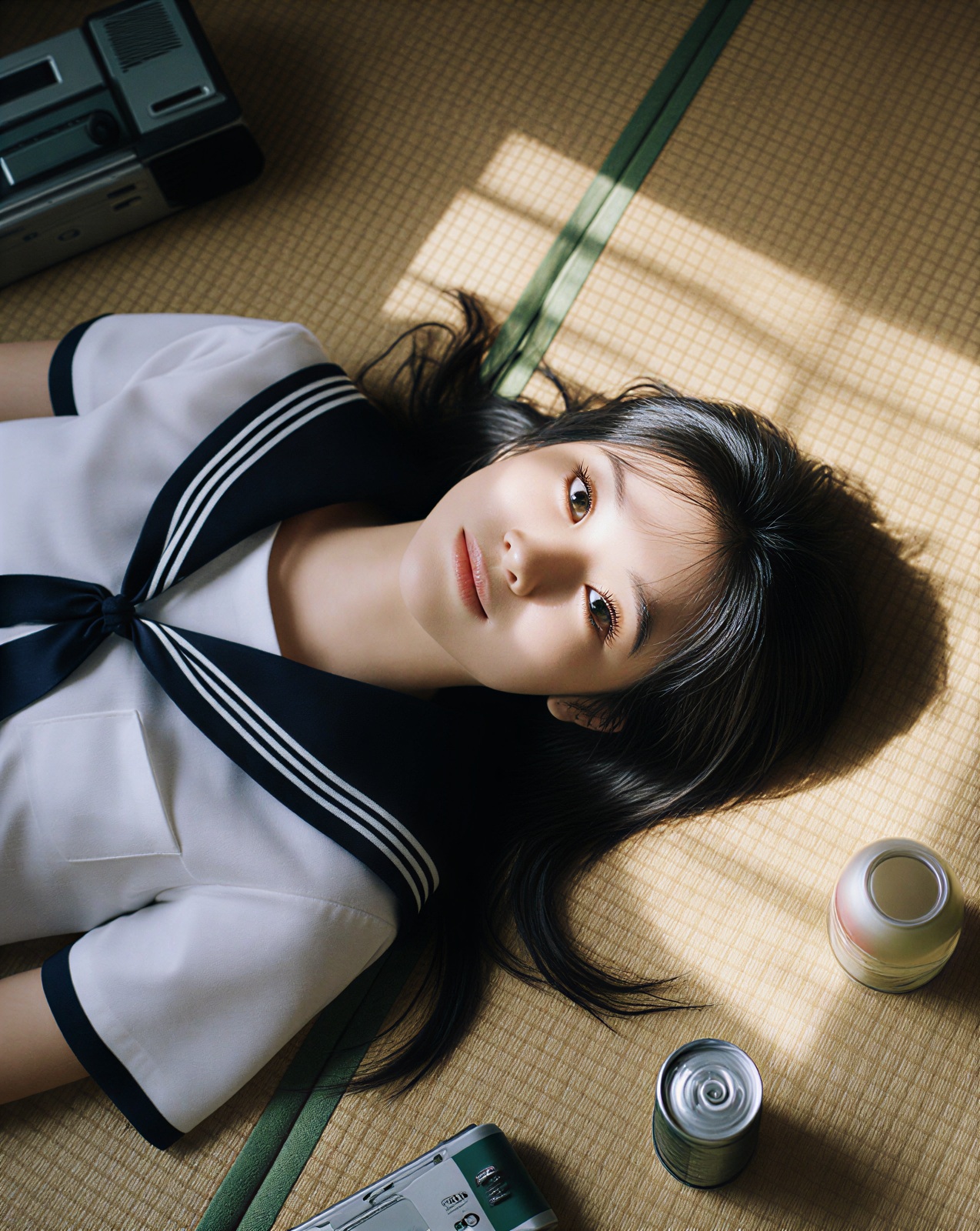다다미 위 인물의 시네마틱 AI 비주얼