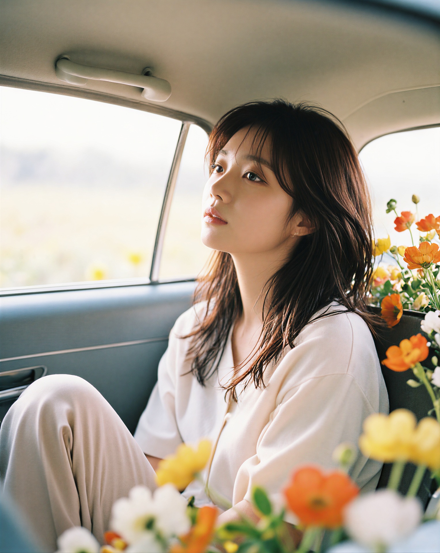 꽃과 자연광으로 구성한 차량 안 인물 AI 비주얼