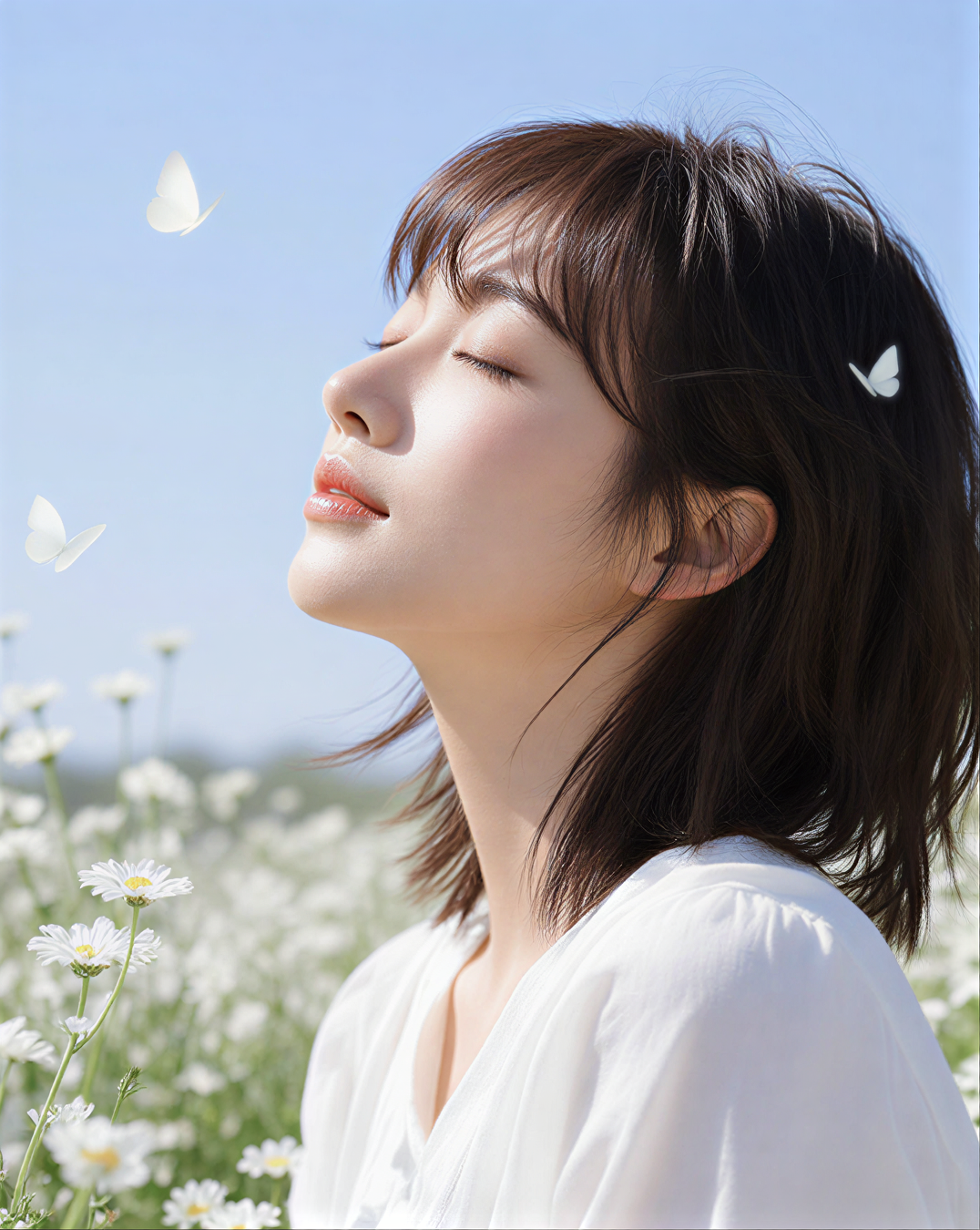 꽃밭과 나비를 배경으로 한 인물 AI 비주얼