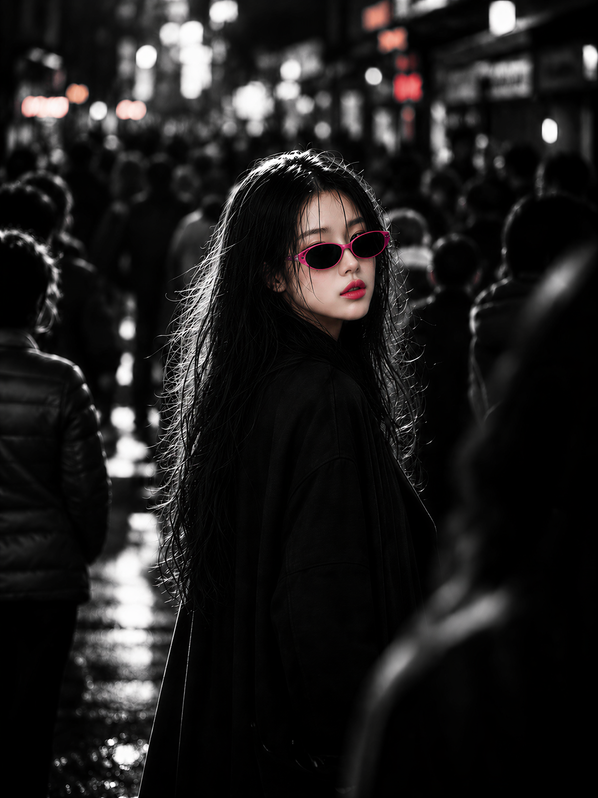 흑백 거리와 핑크색 선글라스의 패션 AI 비주얼